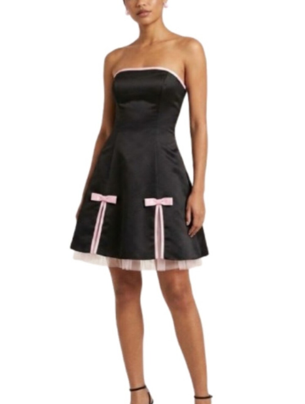 Vintage Majora Black Babydoll Strapless Party Dress Pink Bow and Tulle Detail XS